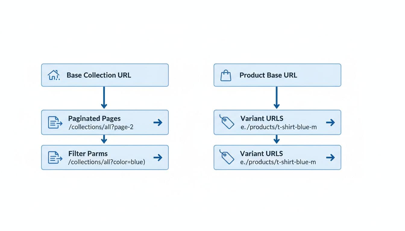 Diagram shows arrows from paginated collections, filtered pages, and product variants pointing to base collection and product icons.
