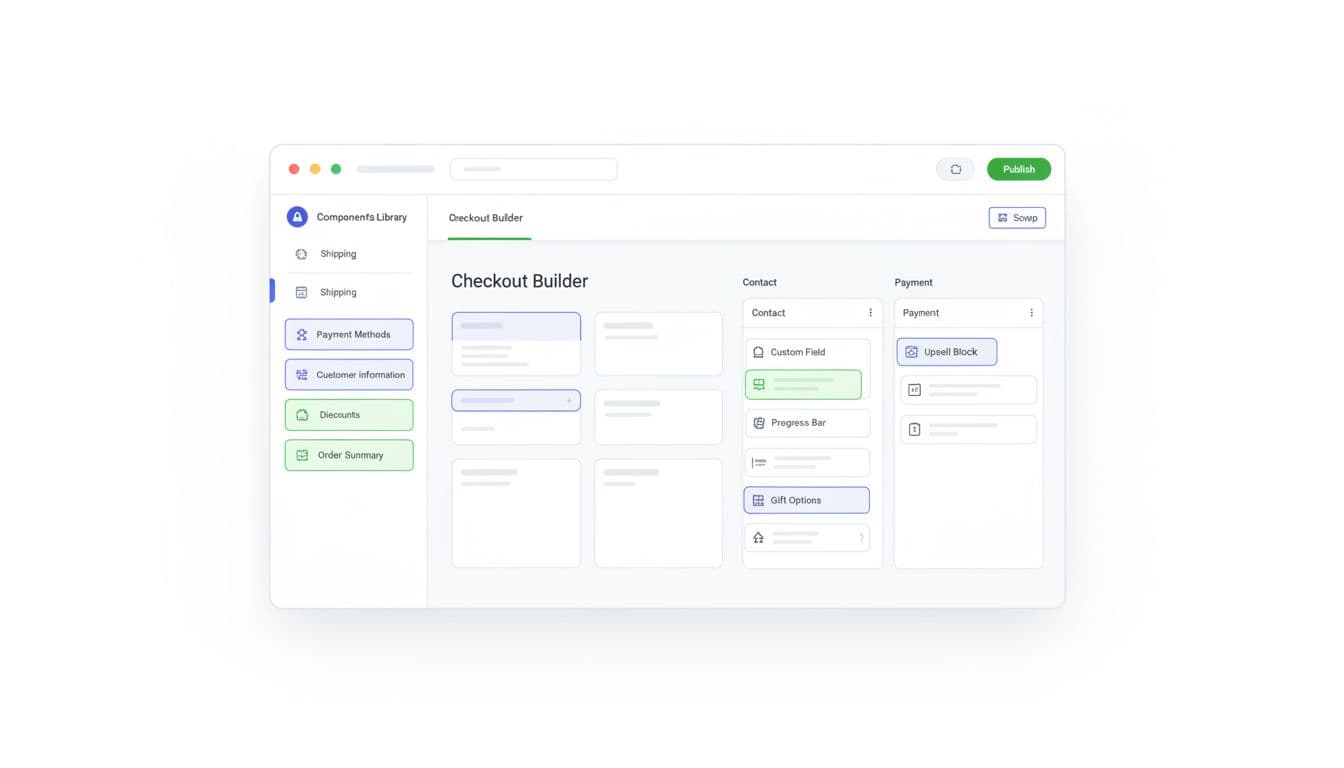 Professional SaaS-style illustration of Shopify checkout extensibility features, featuring a clean UI dashboard with customizable checkout blocks and components in a modern eCommerce interface.
