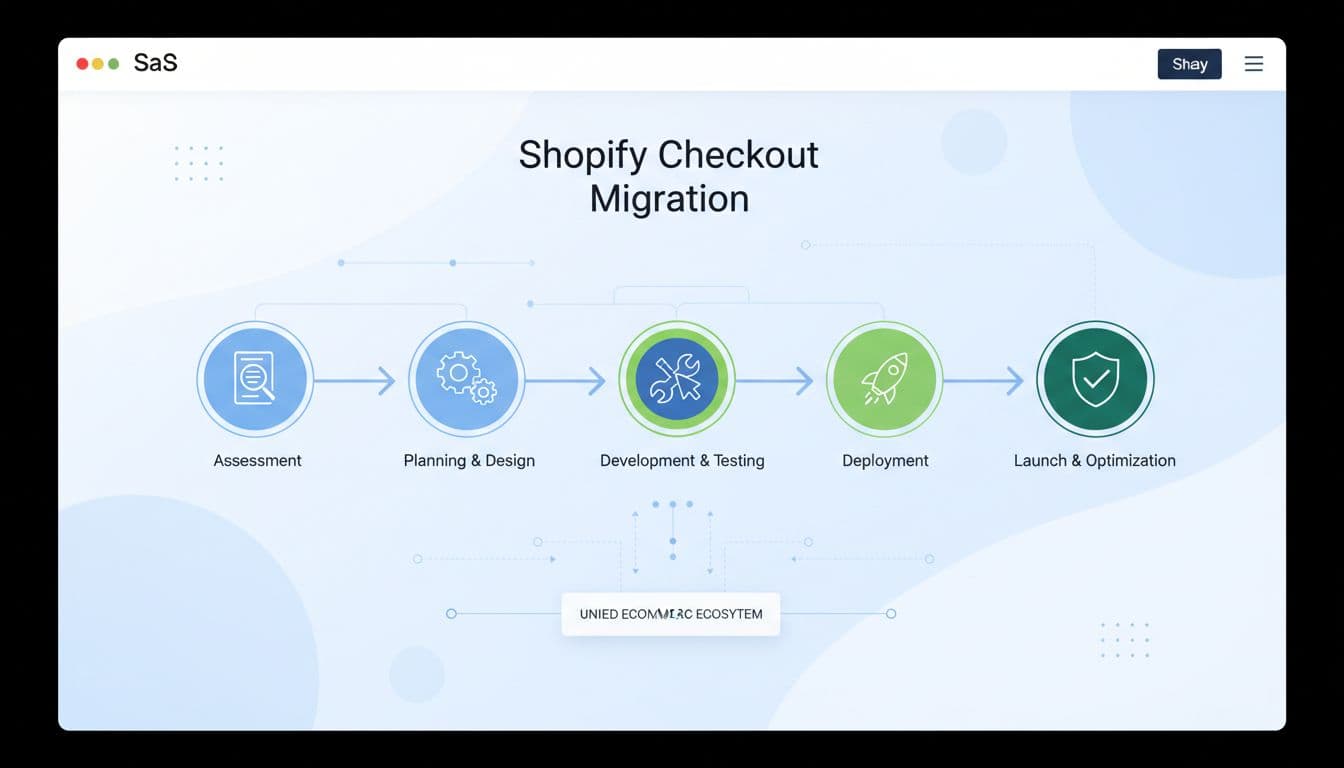 Professional SaaS-style illustration of a Shopify checkout migration workflow diagram, showing steps from assessment to launch on a clean dashboard interface with modern eCommerce visuals and subtle blue-green accents.