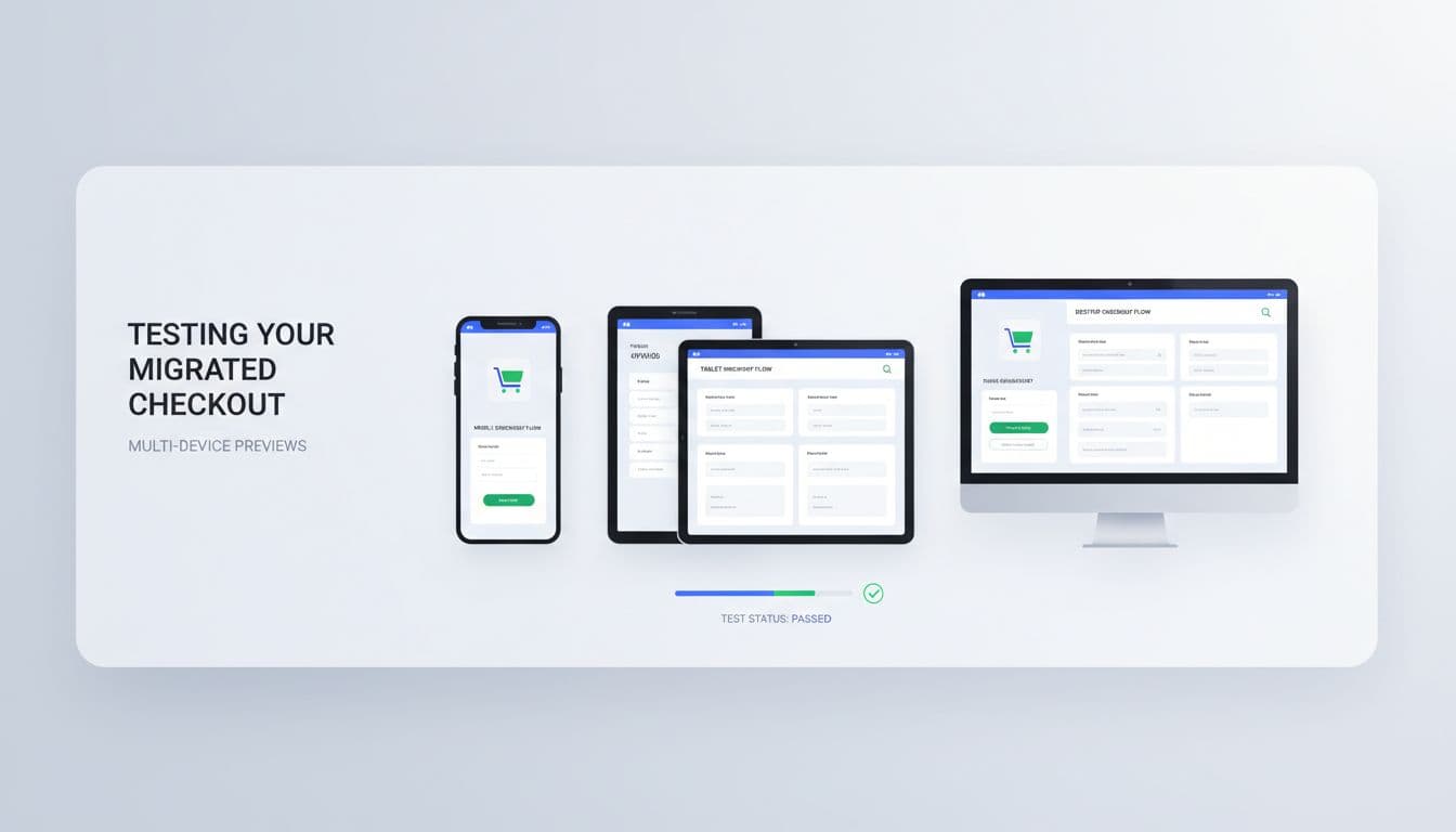 Professional SaaS-style illustration of a dashboard previewing Shopify checkout flows on mobile, tablet, and desktop devices in a clean, modern eCommerce testing setup.