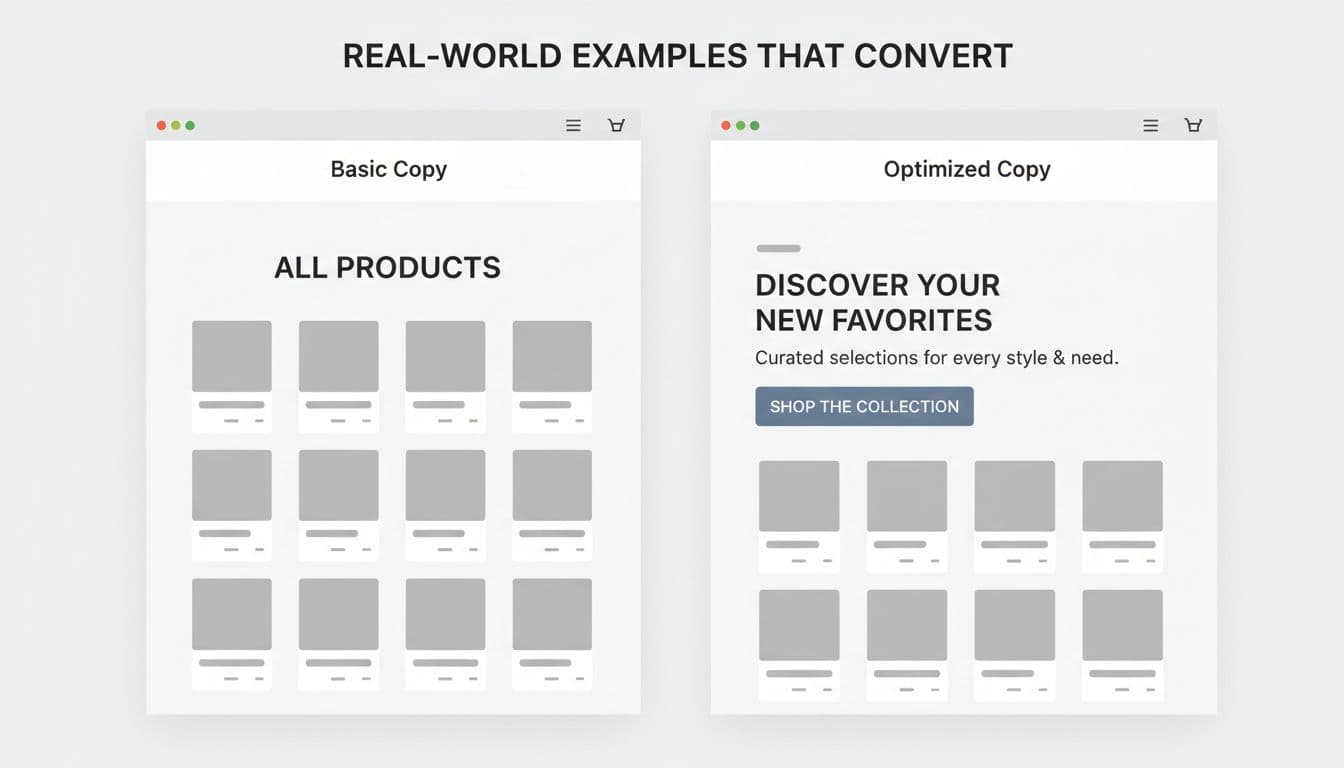 Side-by-side comparison of basic versus optimized Shopify collection page copy: plain title on the left, engaging headline with benefits, subheadline, and CTA on the right, with product grids below each on neutral backgrounds.
