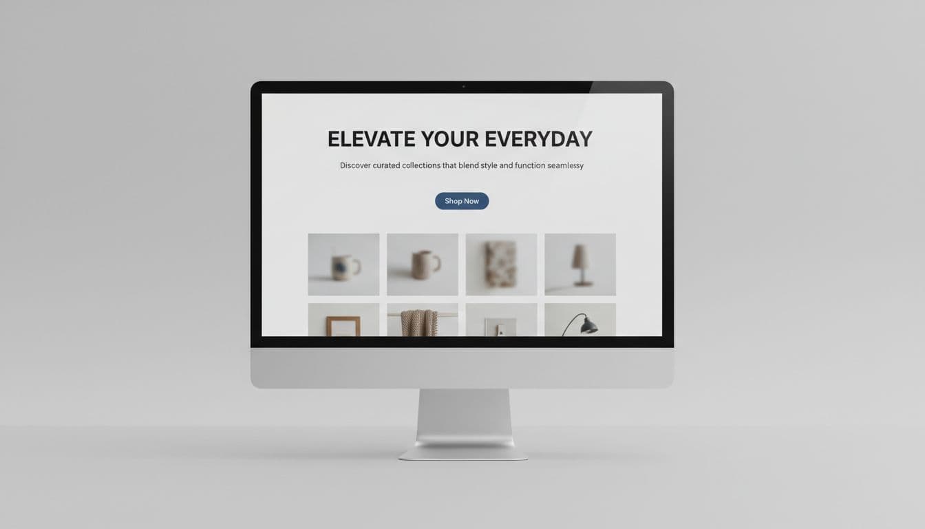 Modern Shopify collection page above-the-fold section with hero headline, benefit-driven subheadline, and Shop Now CTA button above a blurred product grid. Clean professional layout with neutral background for high-converting ecommerce headers.