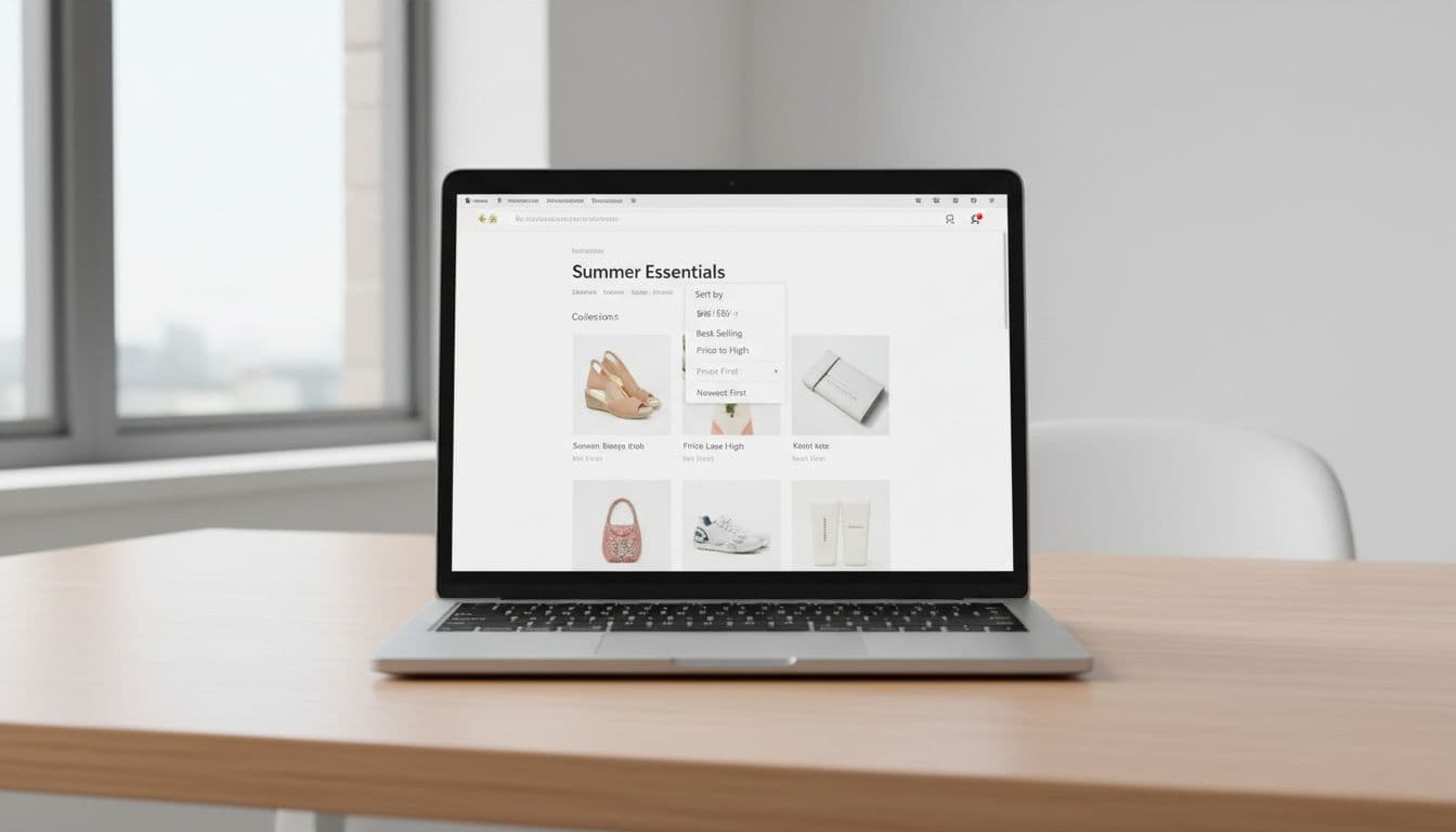 A clean laptop screen shows a Shopify collection page with an open sorting dropdown menu displaying options: Best Selling, Price Low to High, Newest First. Modern e-commerce interface in a bright office with natural lighting, realistic style.