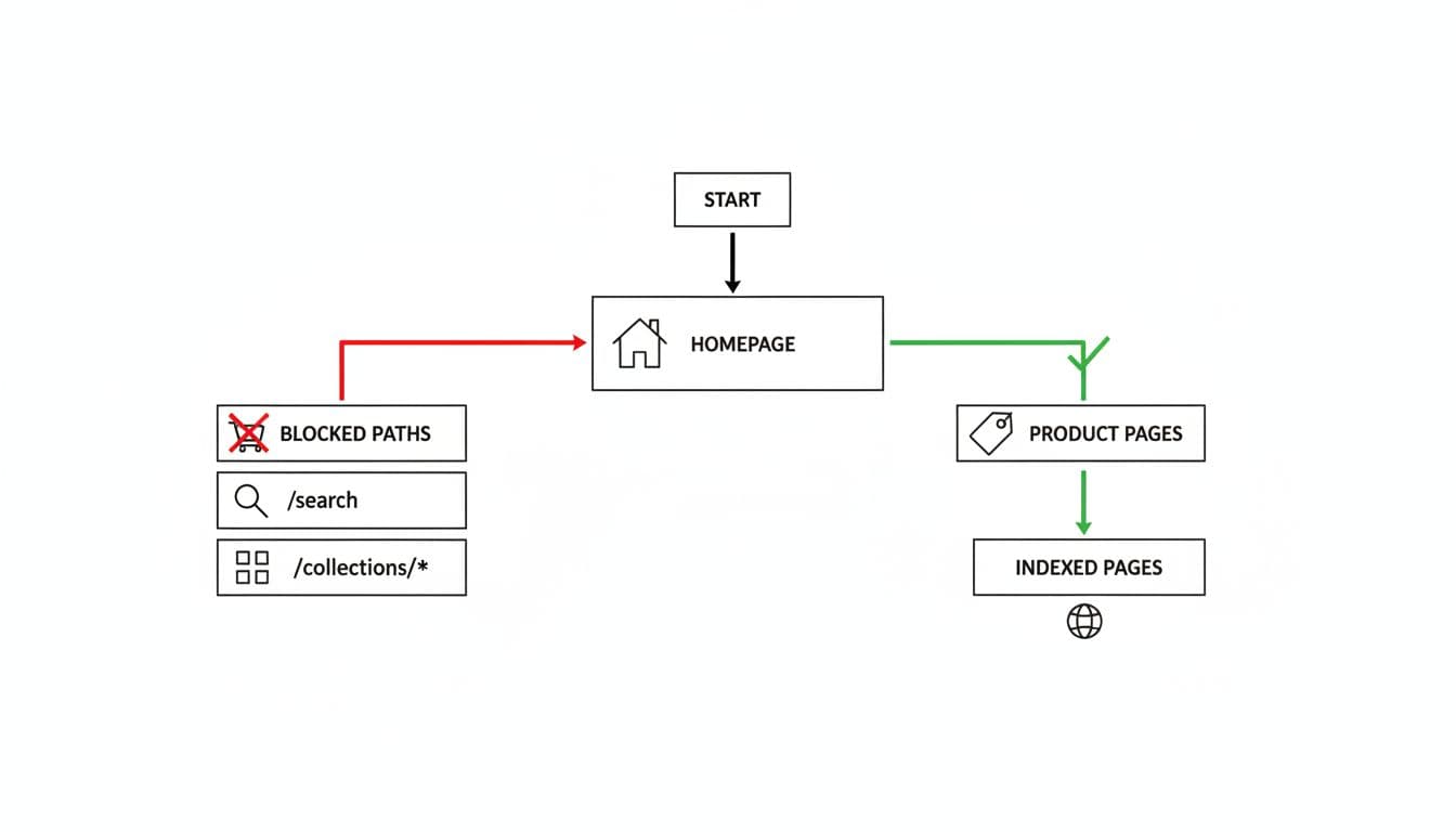 Flowchart diagram shows crawler from homepage with arrows to blocked collections, search, cart paths and allowed product pages.