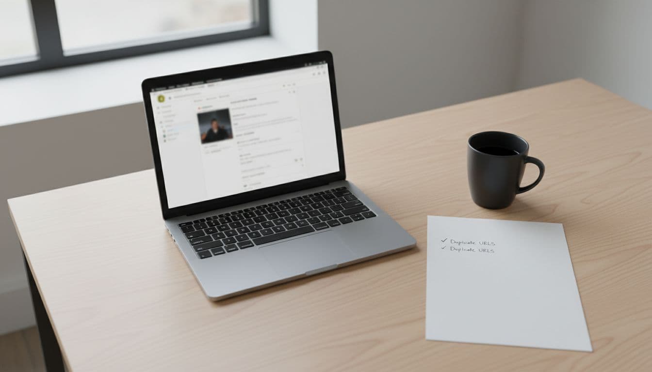 Clean modern desk with open laptop showing blurred Shopify admin dashboard on product variants page, paper checklist noting duplicate URLs, and coffee mug, captured from top view in soft natural light.