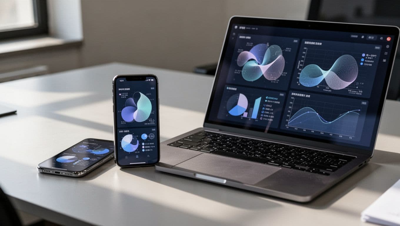 Close-up of a smartphone and laptop side by side showing optimized product titles and attributes for a Shopify feed in Google Merchant Center, with soft office lighting and modern minimalist style. No people or extra items, screens angled away without readable text.