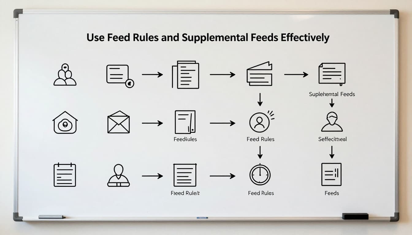 Step-by-step workflow diagram elements on a whiteboard in a bright conference room, icons for Shopify app integration, feed rules setup, supplemental feeds, simple line drawings, natural lighting, no people, no text labels, clean illustrative style.