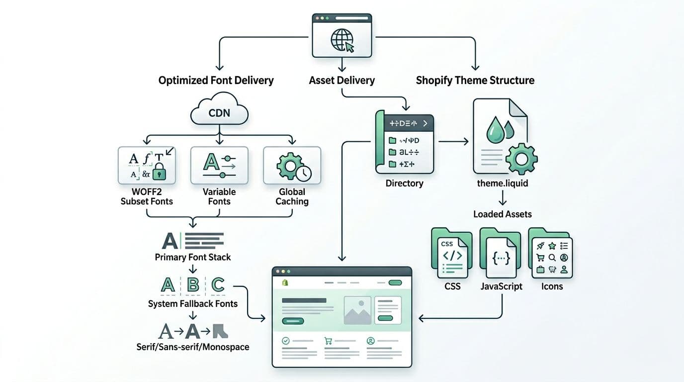 Clean vector flat design diagram of font stack system fallback for variable WOFF2 subset fonts, caching, CDN, icons, Shopify theme structure, theme.liquid, assets, and CSS with subtle gradients and green accents on white background.