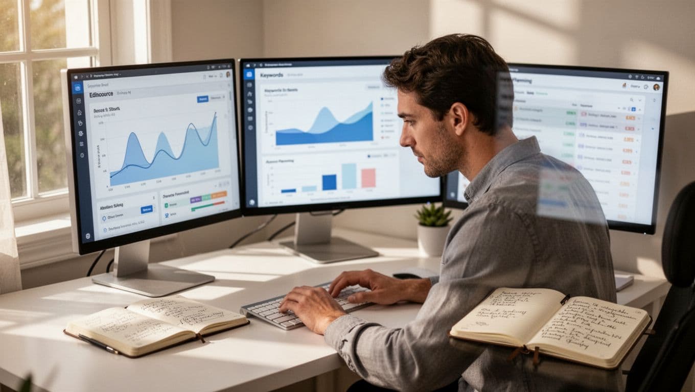 A focused person in a bright home office analyzes ecommerce keyword research on dual monitors, one showing Shopify analytics dashboard with search volume graphs, the other a blurred Google Keyword Planner interface, with a notebook nearby and natural window light.