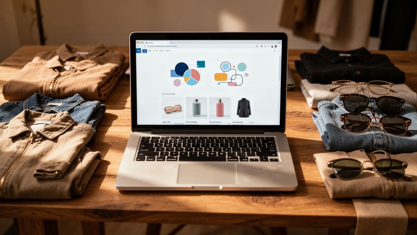 Realistic photo of a Shopify store dashboard on a laptop screen showing a blog post editor with product collection links, surrounded by clothing and accessory samples on a wooden desk with warm lighting. Exactly one laptop visible, no people, no readable text or logos, landscape orientation.