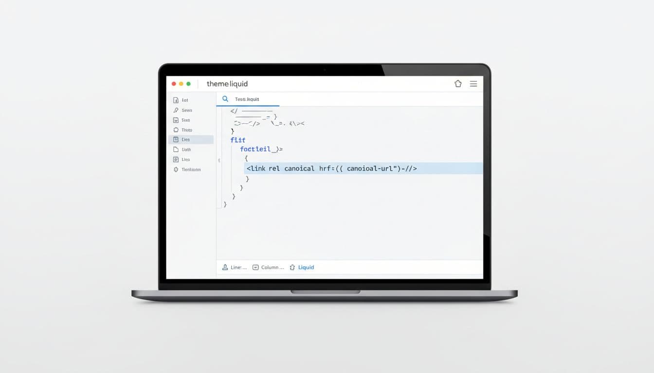 Laptop screen shows minimalist Shopify theme.liquid code editor with highlighted canonical tag snippet.