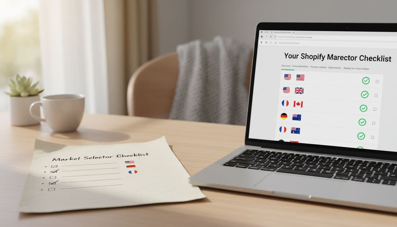 Photorealistic cozy desk with paper checklist titled 'Market Selector Checklist' next to laptop showing ecommerce dashboard, country flags, and checkmarks icons, natural light, no people or hands.