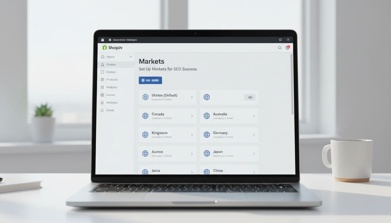 Laptop screen shows Shopify admin dashboard on Markets page listing international countries in bright office.