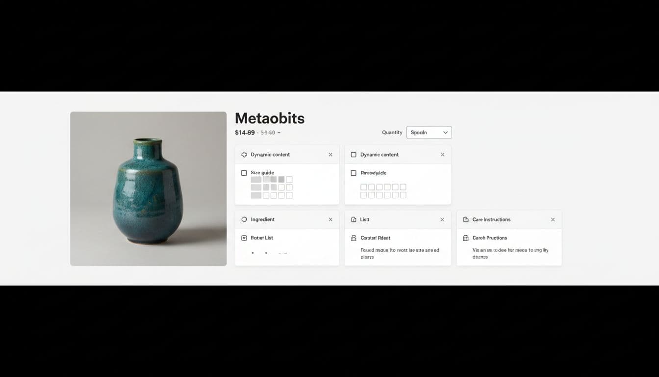 High-fidelity UI of a Shopify ecommerce product page using metaobjects for dynamic content like size guide, ingredient list, and care instructions. Professional modern responsive layout with neutral palette, clean whitespace, and landscape composition.