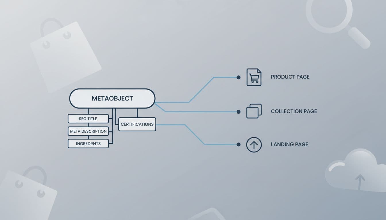 Clean professional illustration of Shopify metaobject data model for ecommerce SEO, featuring a central metaobject node connected to fields like SEO title, meta description, certifications, and ingredients, linking to product page, collection page, and landing page icons.