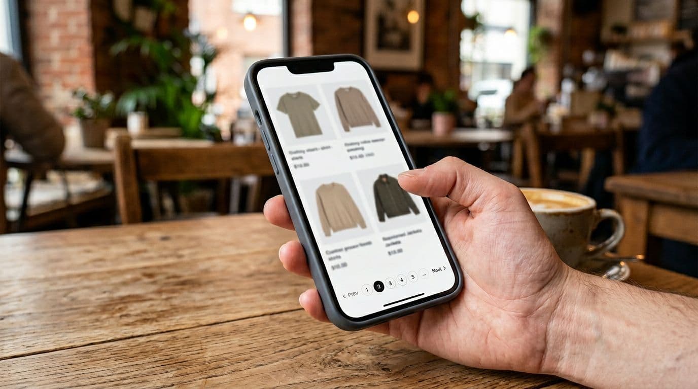 A relaxed hand holds a modern smartphone on a wooden table in a cozy cafe, displaying a blurred Shopify mobile collection page with clothing products and clean pagination buttons at the bottom. Natural daylight lighting enhances the realistic photo style with sharp focus on the screen edge.