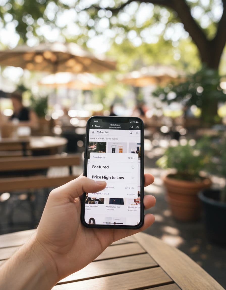 Casual hand holding mobile phone screen displaying Shopify collection page with sorting options dropdown open, showing Featured and Price High to Low, in outdoor cafe setting with soft daylight.