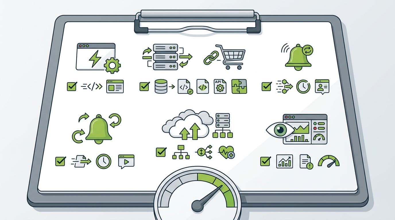 Close-up illustration of a large clipboard checklist with sections for Frontend, Backend, Shopify APIs, Webhooks, Infrastructure, and Monitoring, featuring checkmarks and icons, plus a speedometer gauge at the bottom, on a clean desk in modern SaaS style.