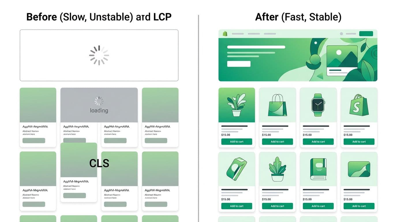 Side-by-side panels compare a slow FOIT LCP left side with a fast LCP stable layout CLS right side on an abstract Shopify product grid page, using clean vector flat design UI cards, subtle gradients, and green accents on white background.