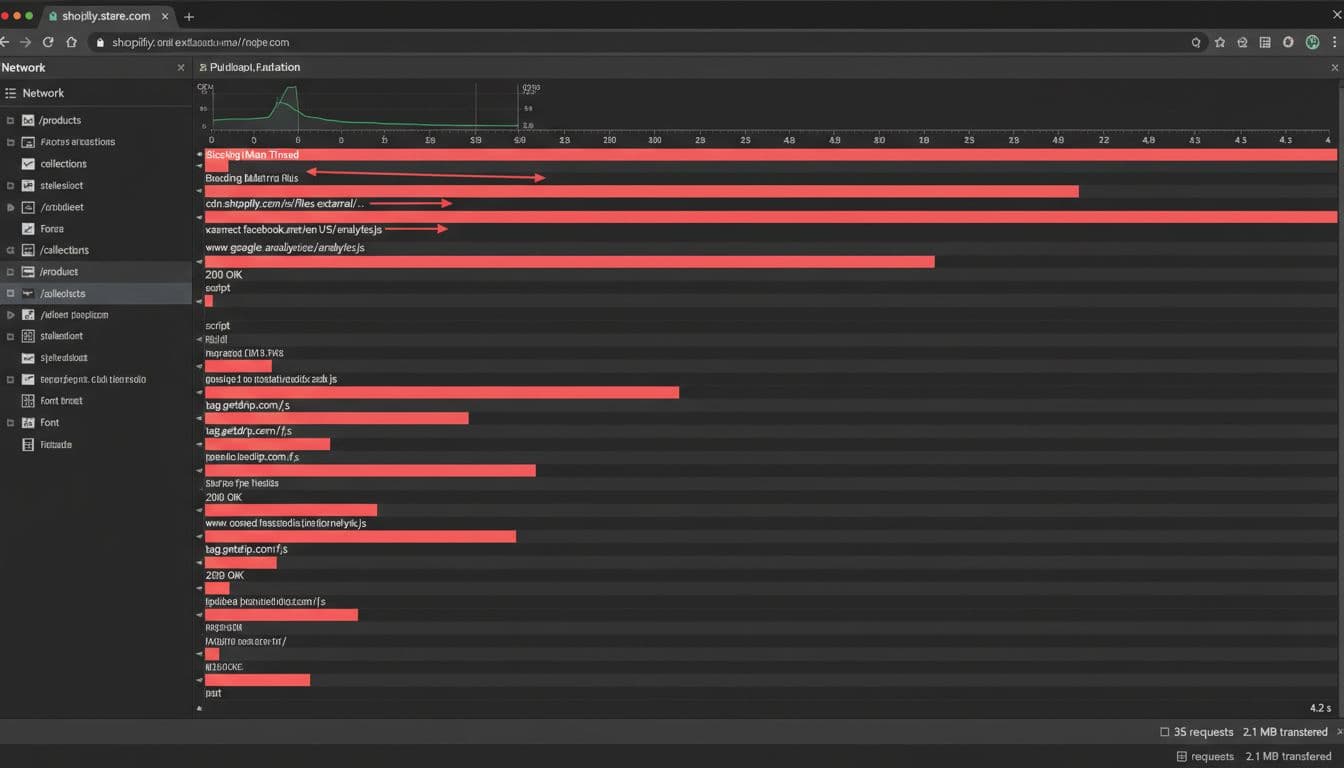 A clean screenshot of a web browser developer tools network tab showing the request waterfall for a Shopify store homepage load, with third-party scripts highlighted in red blocking the main thread, slow loading scripts from CDNs like Google and Facebook, timestamps visible, and dark mode interface.
