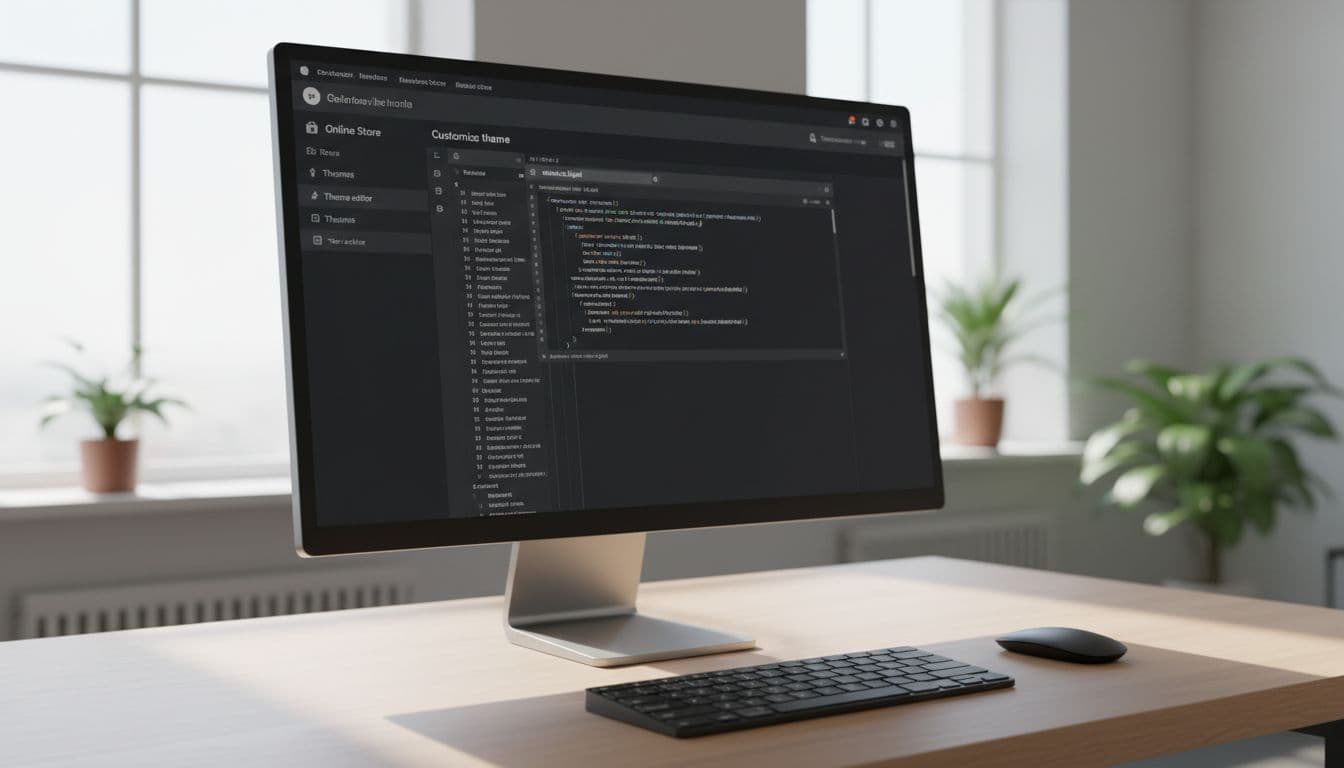 Laptop screen displays Shopify admin theme editor with robots.txt.liquid file open and code visible, keyboard and mouse on desk.