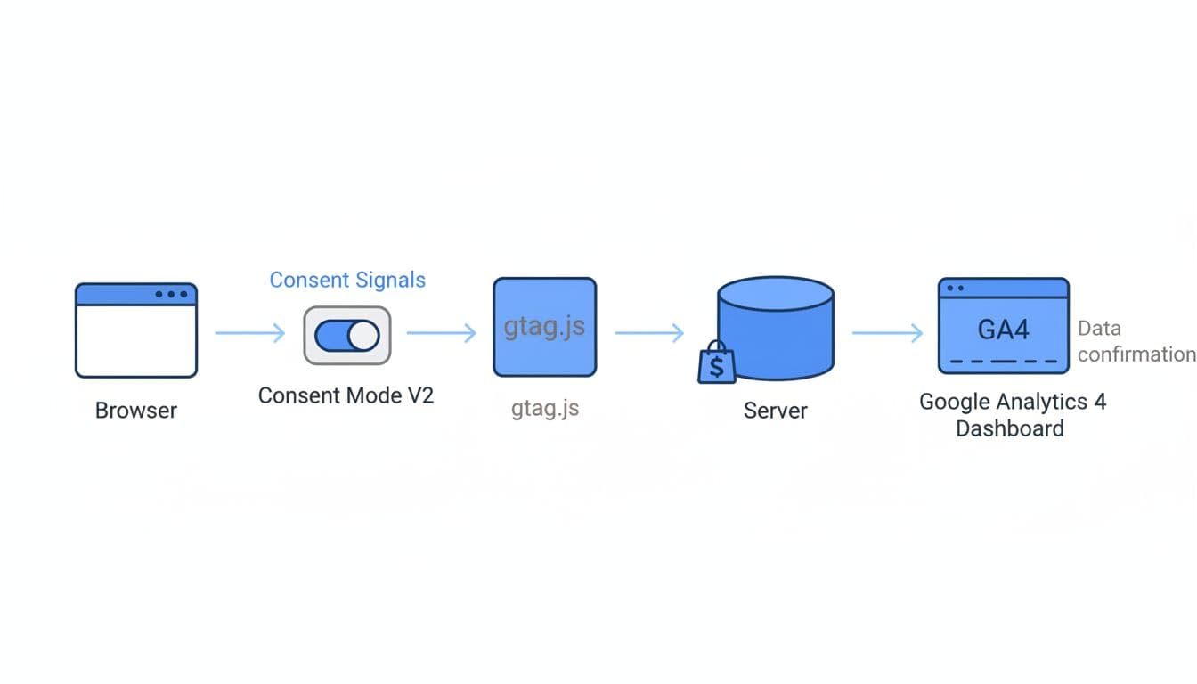 Professional diagram illustrating server-side tracking flow from Shopify store to Google Analytics via Consent Mode V2, with arrows connecting browser, consent signals, gtag, server, and GA4 dashboard using minimal blue icons in clean line art style on white background.