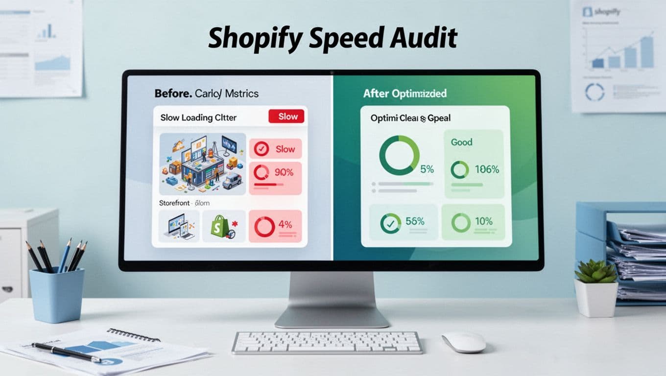 Vector illustration on a split-screen monitor comparing a slow, cluttered Shopify storefront with red metrics on the left to an optimized, fast, clean page with green metrics on the right. Crisp isometric style in an analyst office with teal, green, and blue accents.
