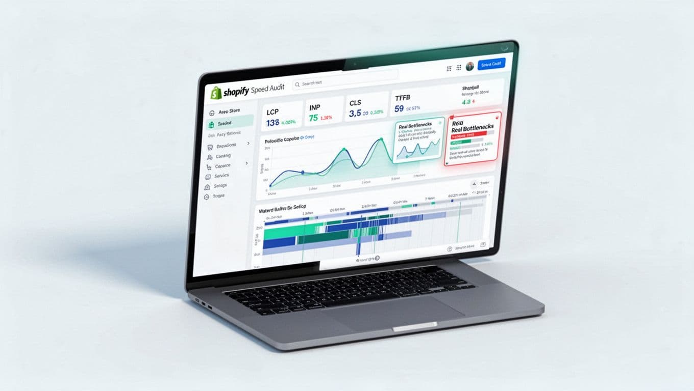 Clean professional hero illustration of a modern e-commerce analyst workspace with a laptop displaying Shopify store speed audit dashboard, charts for LCP, INP, CLS, TTFB metrics, waterfall timeline, and highlighted bottlenecks in crisp vector isometric style.