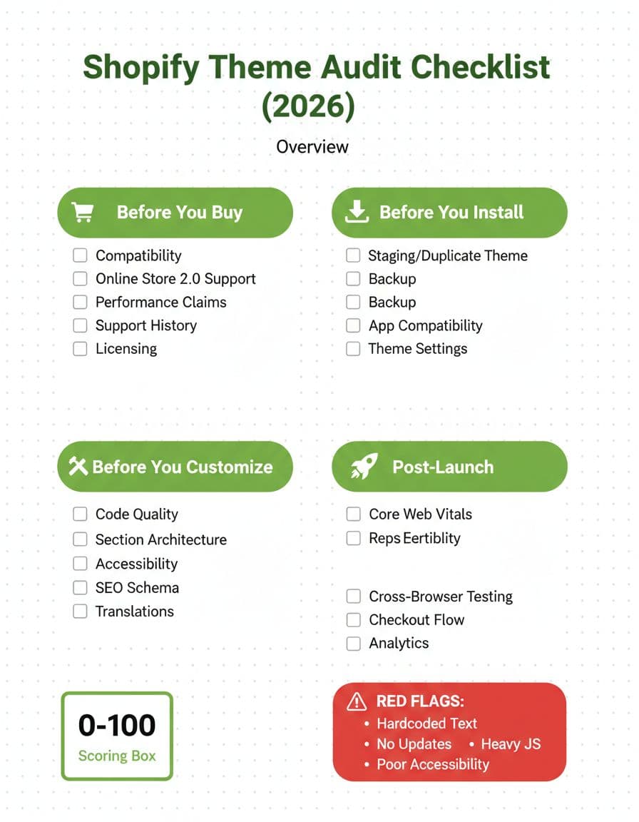 Clean, modern, print-ready A4 infographic outlining a comprehensive Shopify theme audit process in four sections: Before You Buy, Before You Install, Before You Customize, and Post-Launch, featuring checkboxes, icons, scoring, and red flags.