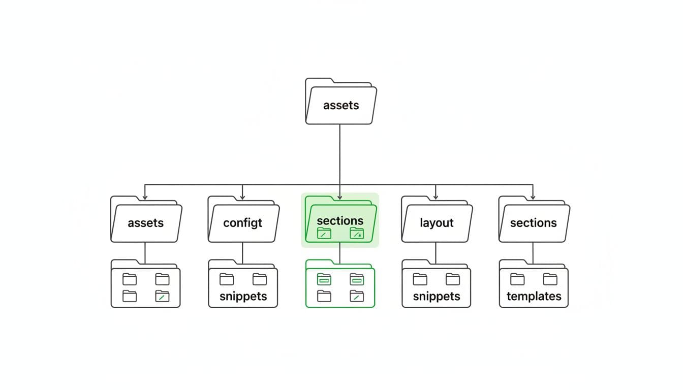 Simple vector diagram of Shopify theme code structure showing folders for assets, config, layout, sections, snippets, and templates. Organized file tree on white background with green highlights for Online Store 2.0 sections, minimal icons, high contrast.