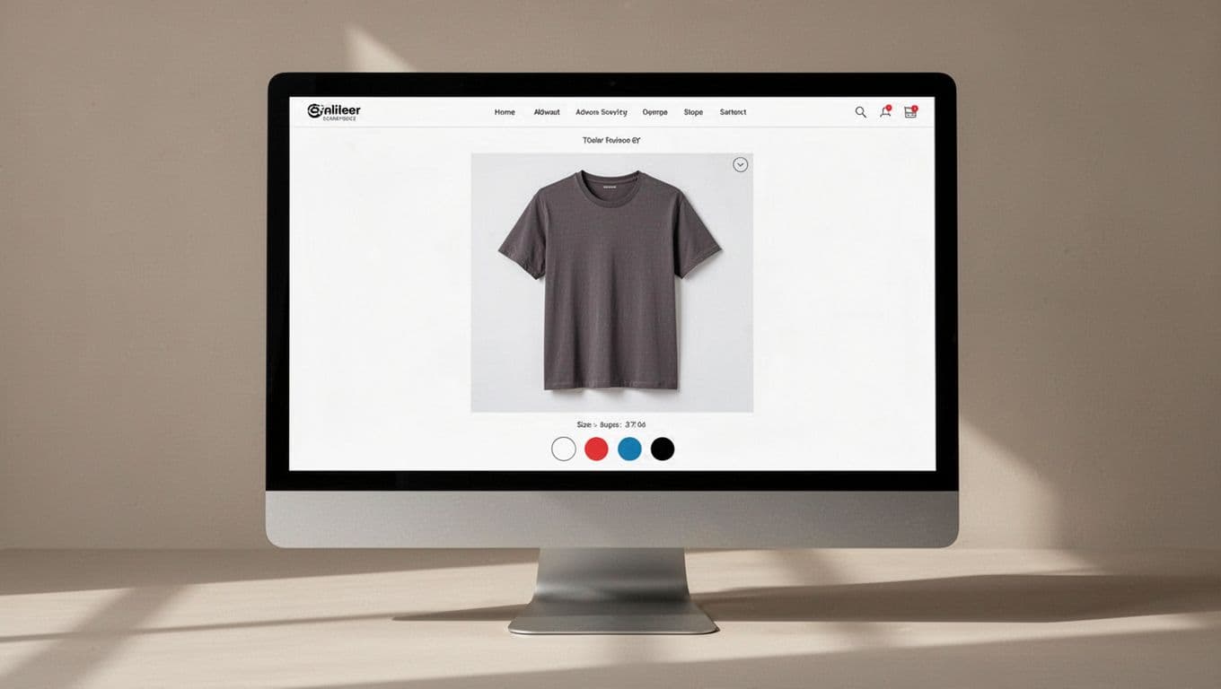 Clean desktop view of a modern Shopify e-commerce product page displaying combined listings for a t-shirt with multiple colors and sizes, featuring a single product image carousel and variant selectors below.