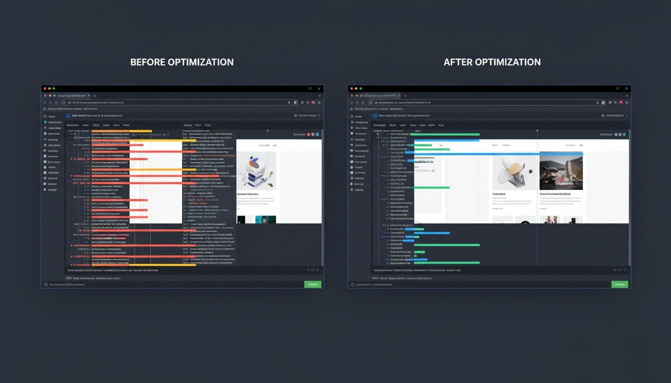 Split-screen comparison in developer tools: left shows cluttered request waterfall with third-party scripts before optimization, right shows streamlined loads after, for Shopify store.