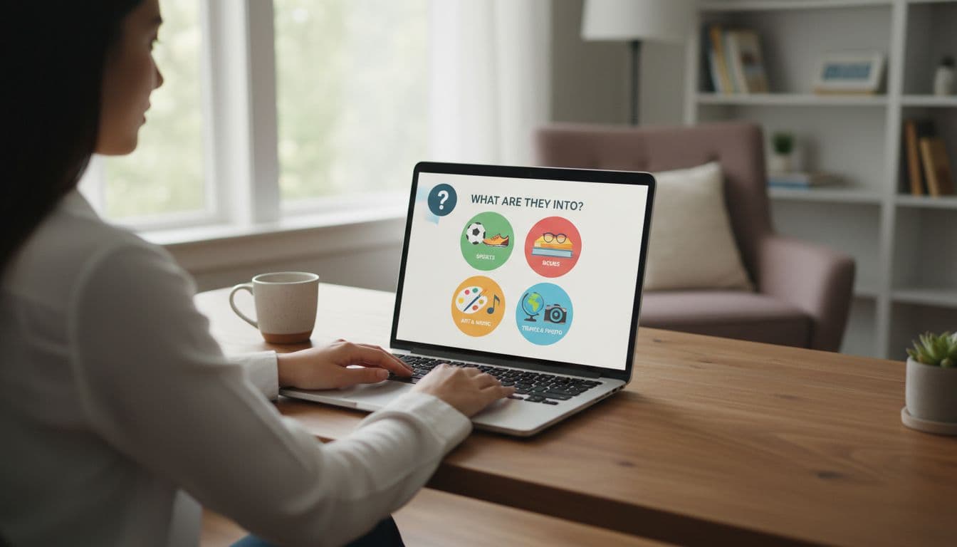 A shopper sits at a wooden desk in a cozy home office, engaged with a simple multiple-choice gift finder quiz on their laptop screen featuring four image-based options for recipient interests.
