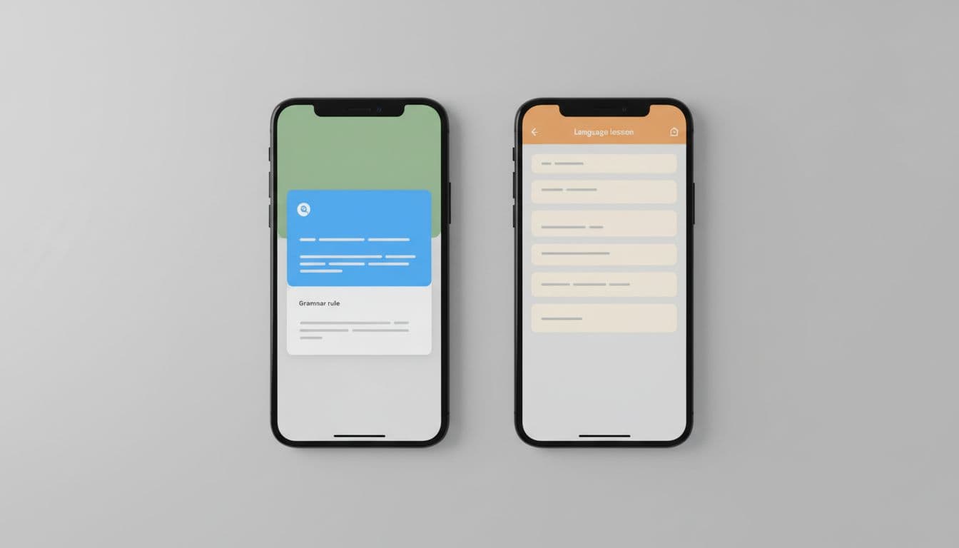 Side-by-side comparison of two mobile phone screens on a neutral table: left screen displays a clear grammar rule popup with examples, right screen shows a basic lesson without search features, realistic devices under bright lighting in top-down view.