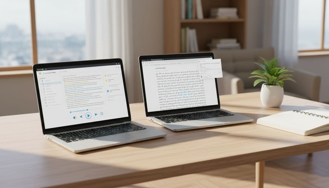 LingQ vs Readlang in 2026: Which Is Better for Reading Practice? 2 Side-by-side laptops on wooden desk display language app with highlights and browser dictionary popup in bright home office.