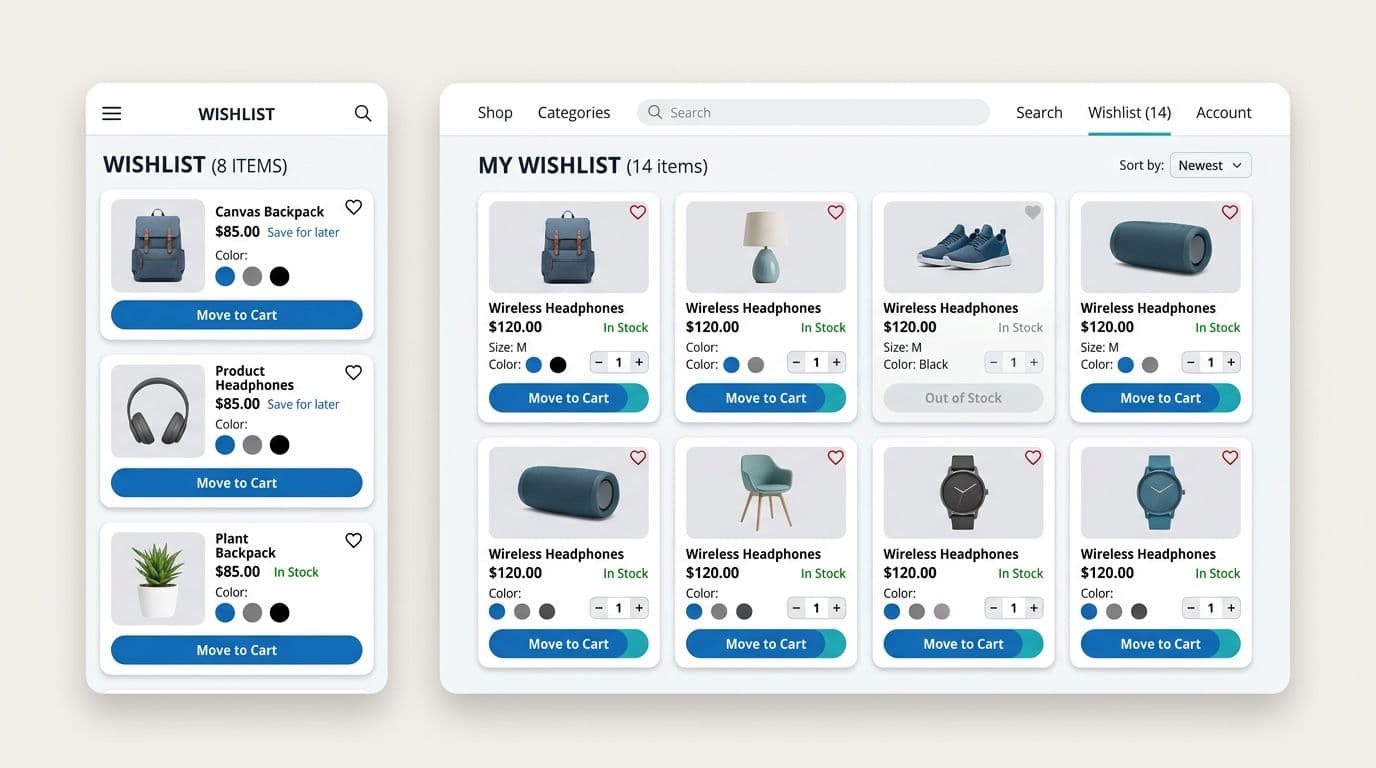 Mobile and desktop wishlist screens shown side-by-side with product cards featuring prices, availability, color options, and Move to Cart buttons in a clean minimalist high-contrast UI mockup using blues, teals, and grayscale on a neutral background.