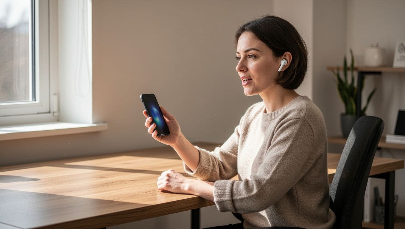 A person wearing wireless earbuds sits at a wooden desk in a quiet home office, speaking into a smartphone screen showing a simple AI chat interface, with natural daylight from a window and relaxed posture.