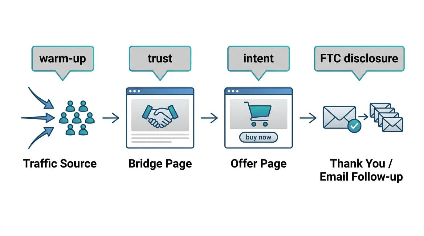 Clean vector diagram showing marketing funnel stages from traffic source to thank you page, with callouts for warm-up, trust, intent, and FTC disclosure in a minimal flat style.