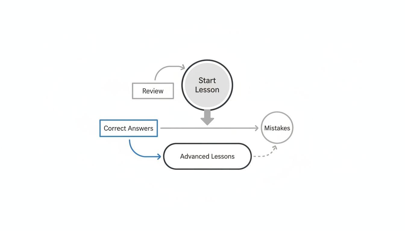 A 15-Minute Skip Logic Test for Language Learning Apps 2 Minimalist line art flowchart illustrating lesson paths that branch based on user performance: correct answers lead to advanced lessons, mistakes loop back for review.