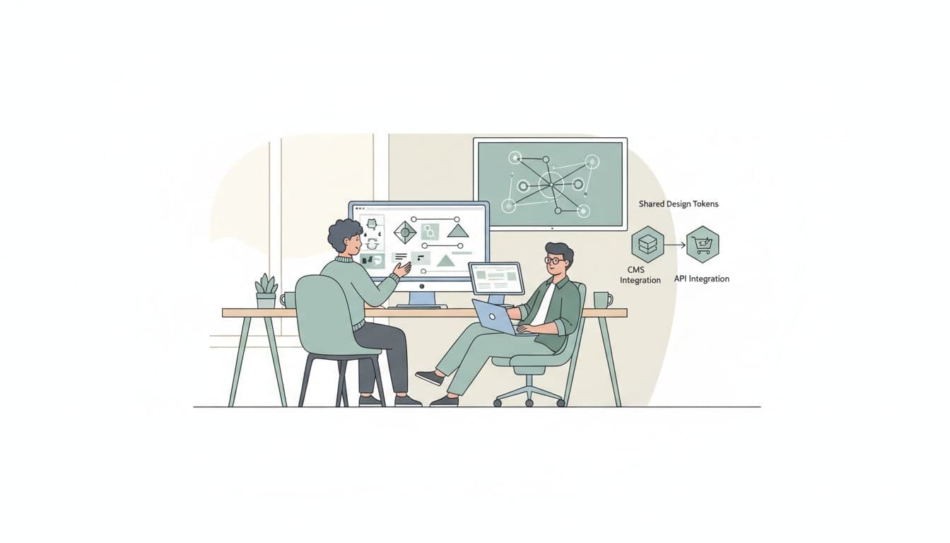 Clean, modern vector illustration of two designers collaborating on headless commerce UX: one working in Figma with components, the other reviewing Next.js preview, featuring shared design tokens and icons for CMS and commerce API integration in a relaxed modern office.