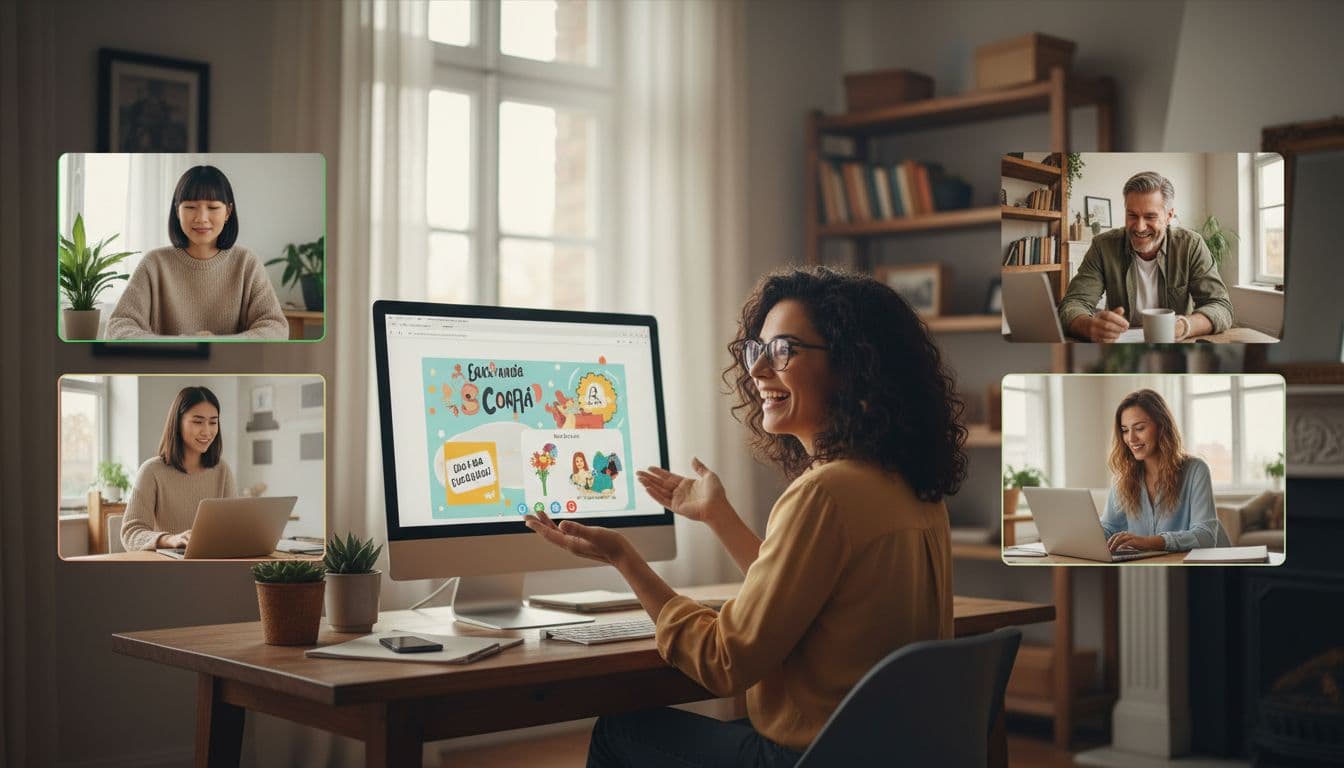 Lingoda Review 2026: Are Live Classes Worth It? 2 Five diverse adults in video conference learning Spanish, teacher sharing screen, all smiling in home offices.