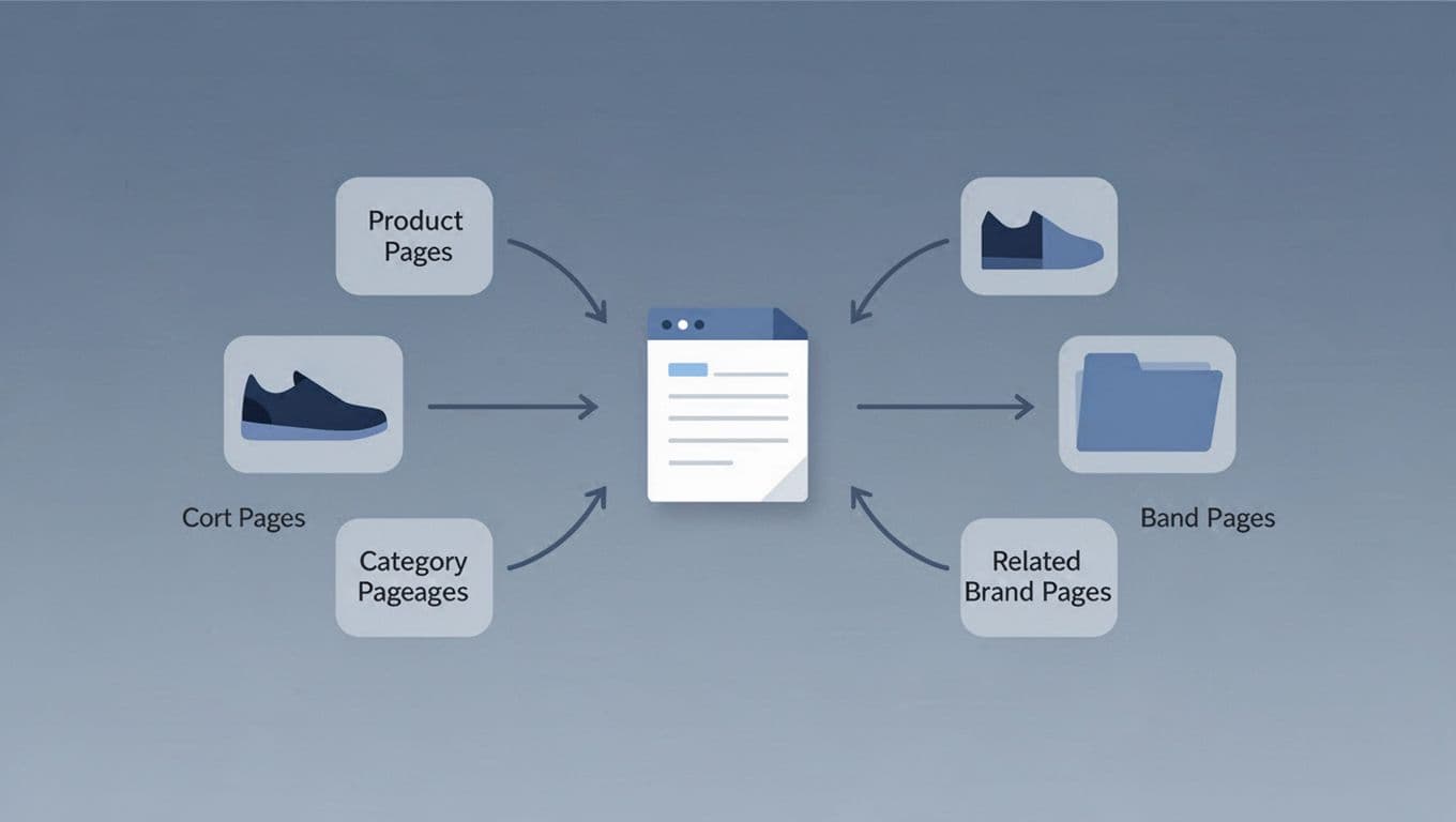 Infographic-style diagram showing internal linking from a central brand page to product pages, category pages, blog posts, and related brands on an ecommerce site, using arrows and simple icons like shoe for products and folder for categories. Clean vector art in blue and gray tones, landscape view with no text labels or complex elements.