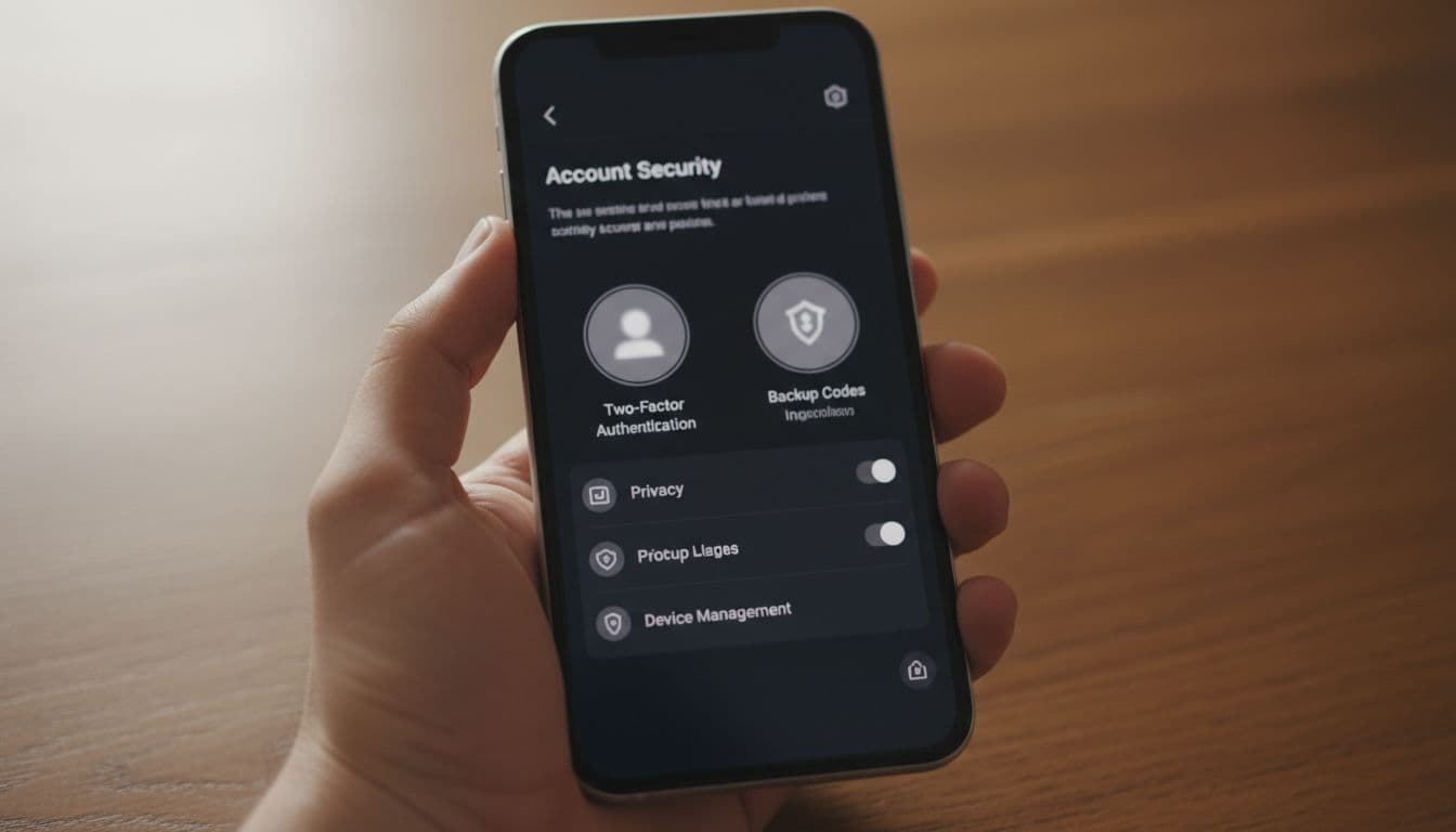 Close-up photorealistic view of a hand holding a smartphone at an angle, displaying a blurred security settings menu with 2FA and backup codes icons on a wooden table with soft even lighting.