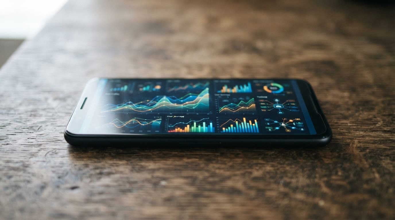 Smartphone showing abstract traffic graphs on a wooden desk.