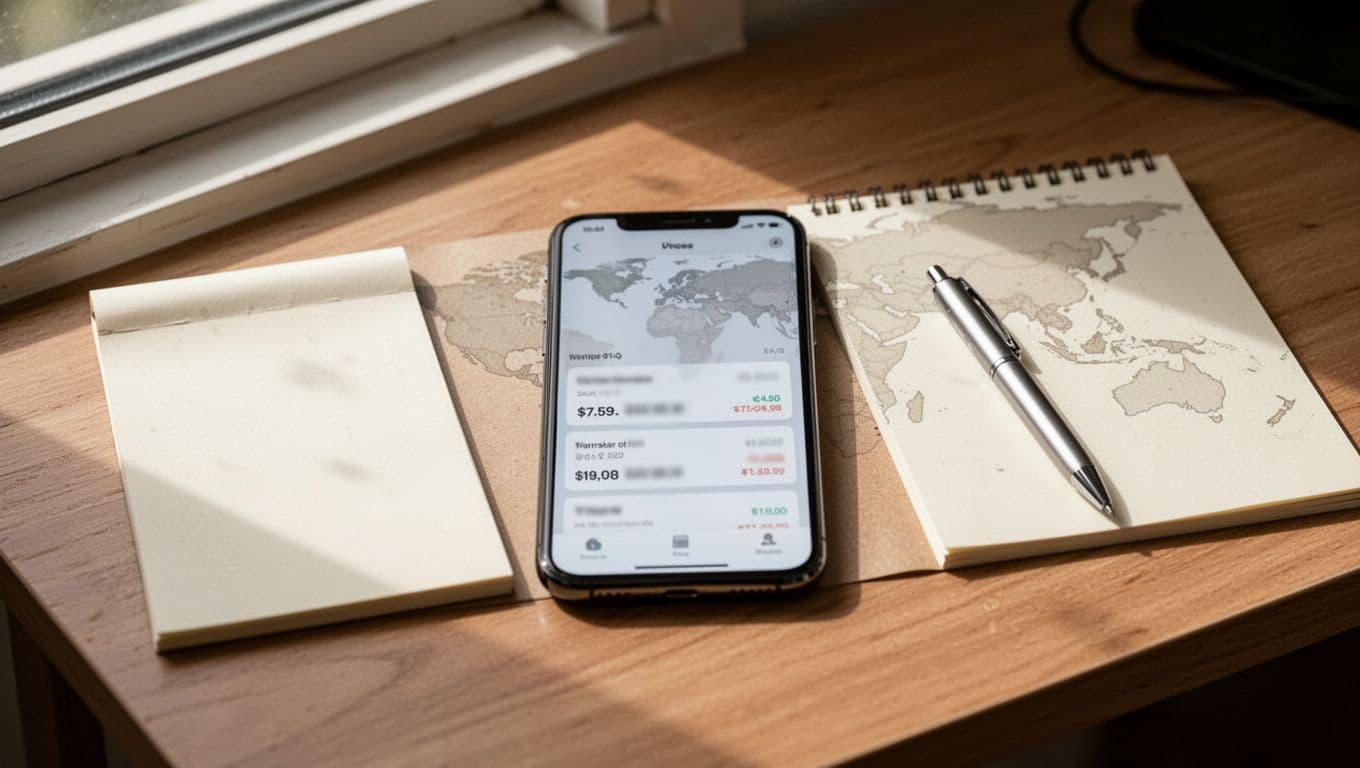 A centered smartphone on a wooden desk next to a notepad and pen displays a blurred language learning app store page with pricing options. Faint world map outline in the background under natural daylight, realistic photography style with no people or readable text.