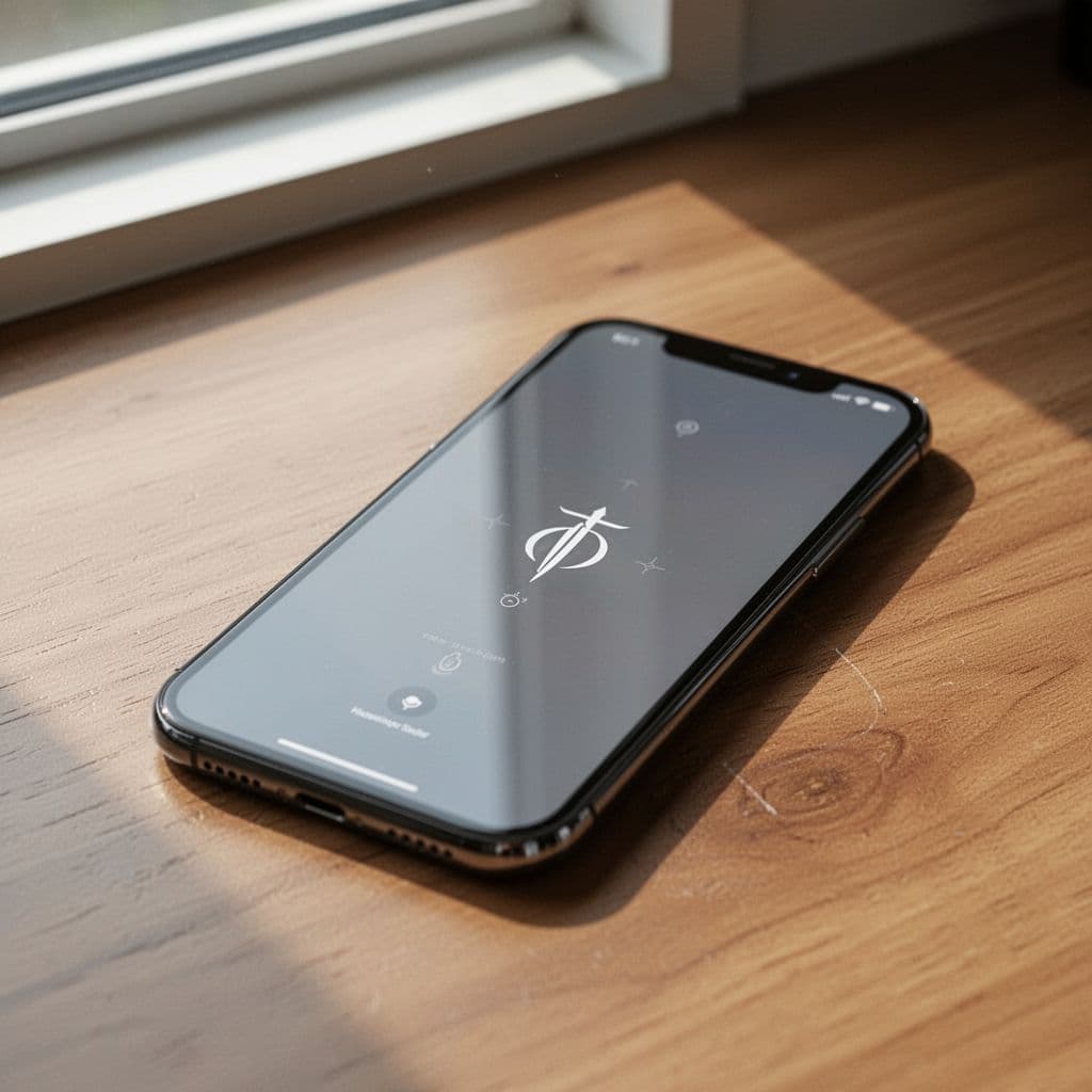 Close-up of modern smartphone on wooden desk showing minimalist dictionary screen with central Chinese character and English definitions.