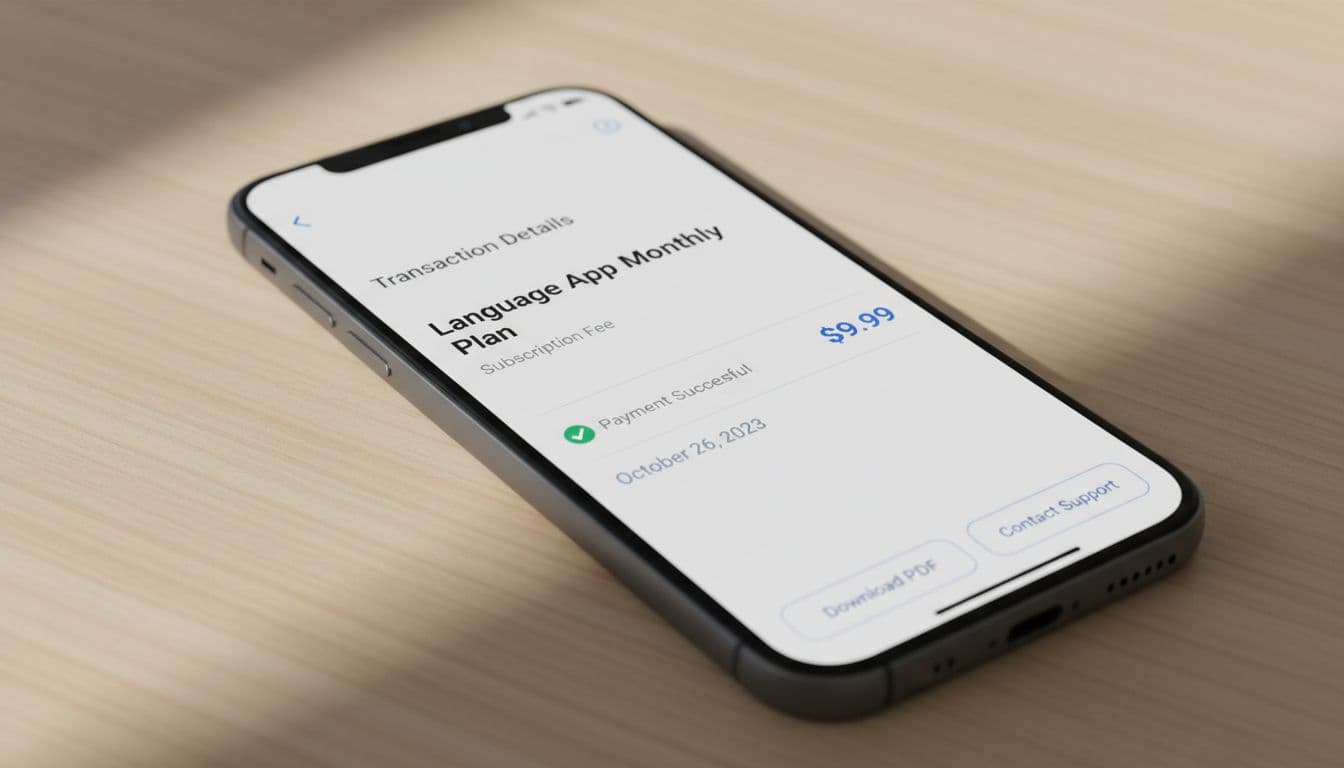 Smartphone displaying a clear billing receipt for a language app subscription, showing straightforward charge details like 'Language App Monthly Plan', amount, and date in a minimalist mobile banking view.