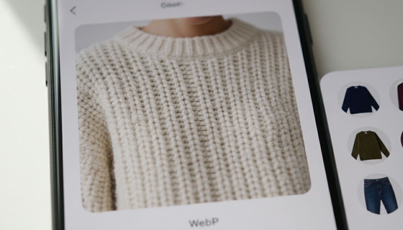Close-up smartphone screen shows clean ecommerce page with crisp clothing image and fabric texture.