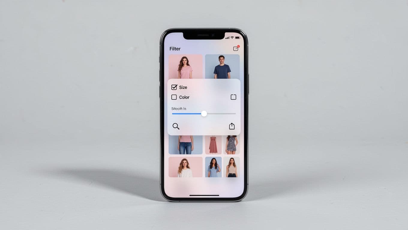 Illustration of a smartphone screen displaying an open filter drawer on an ecommerce product listing page, with checkboxes for size and color, price slider, search bar, and partial results grid below in a clean SaaS-style mockup.
