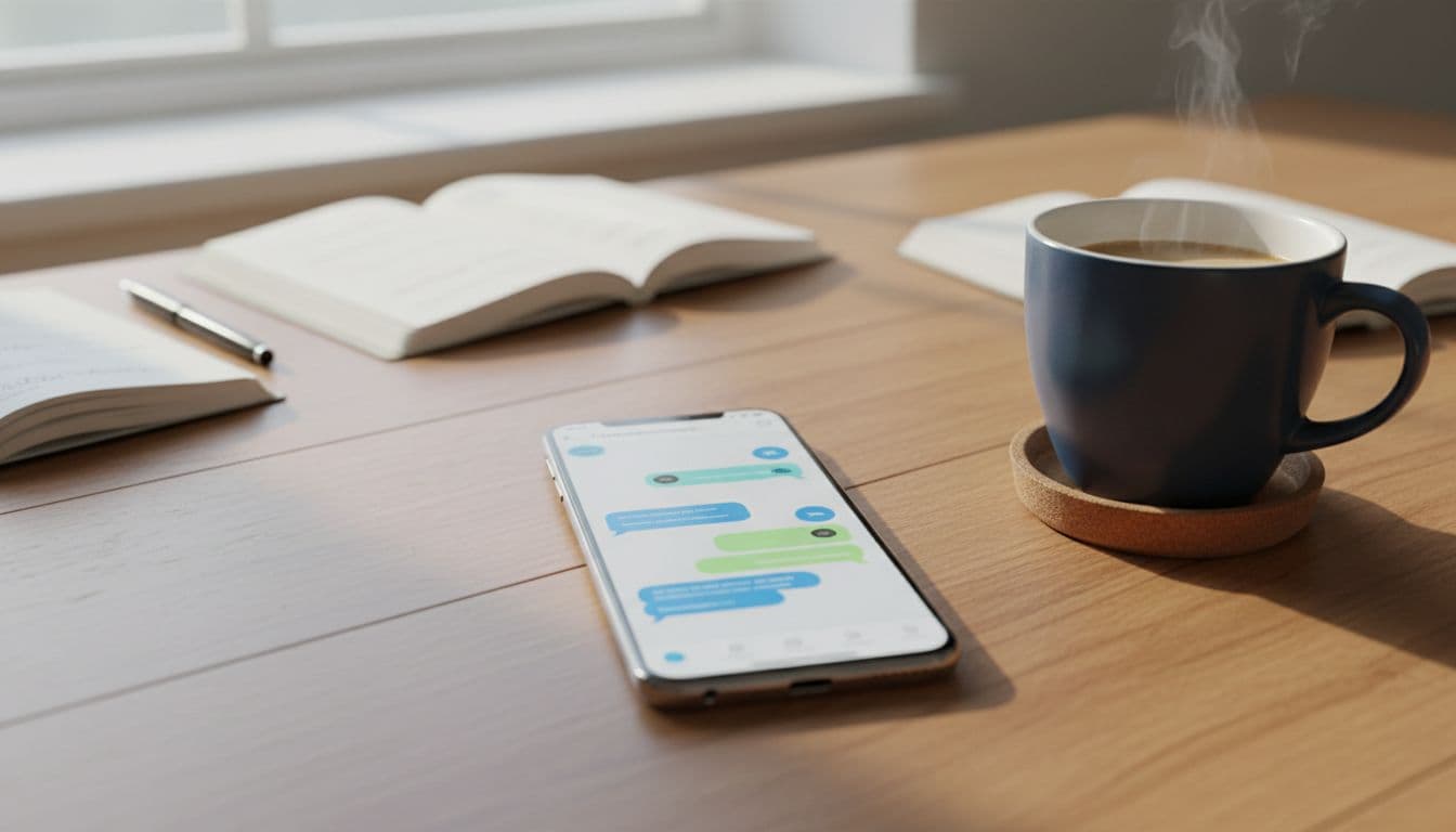 The 15-Minute Language App Flexibility Test for Real Conversations 3 Realistic photo of a smartphone on a wooden desk displaying a language app chat conversation with adaptive responses, coffee mug nearby, natural daylight lighting, no people or readable text visible.